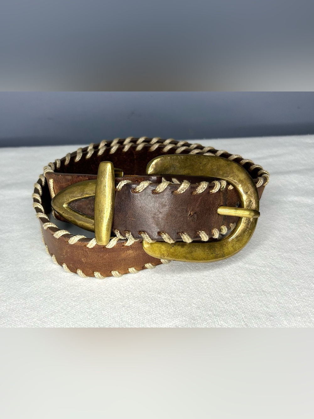 Vintage Jenny And The Boys Leather Belt M Brown Western Brass Buckle Rope Laced